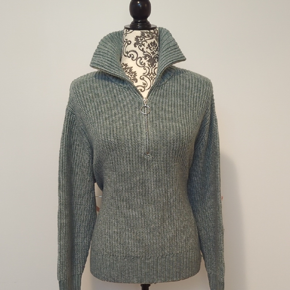 Jessica Simpson Ribbed Quarter-Zip Turtleneck Sweater - Teal